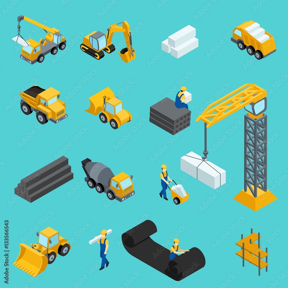 Fototapeta Set Isometric icons for construction workers, crane, machinery, power, transportation, clothing, special machinery. Vector illustration