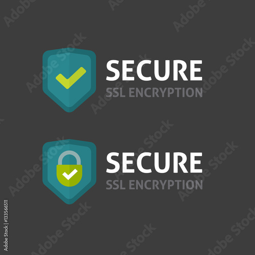Secure connection label vector illustration isolated on dark background, flat style secured ssl shield symbols, protected safe data encryption technology icon, https certificate privacy sign