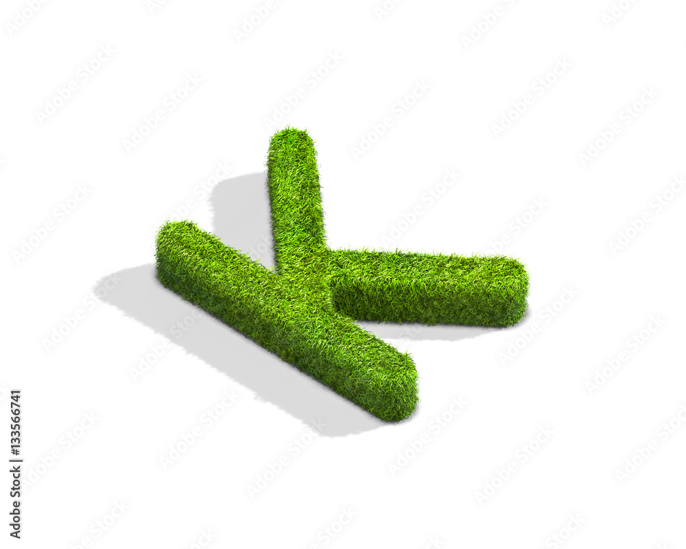 Grass letter K in uppercase format from isometric angle with shadow on ground. Grass letter K in uppercase format from isometric angle with shadow on ground.