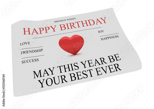 Happy Birthday Wishes Newspaper Front Page, 3d illustration on white background