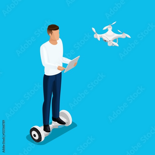 Isometric drone people, a man playing a game, quadrocopter 3D, fly on the radio. Drone camera for filming. Vector illustration