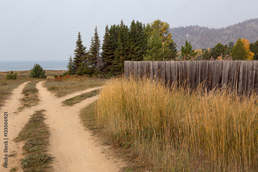 Fototapeta premium Country road near the shore of the lake. Lake Baikal. Village Davsha. Russia.