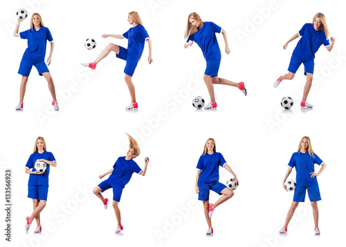 Woman playing football on white