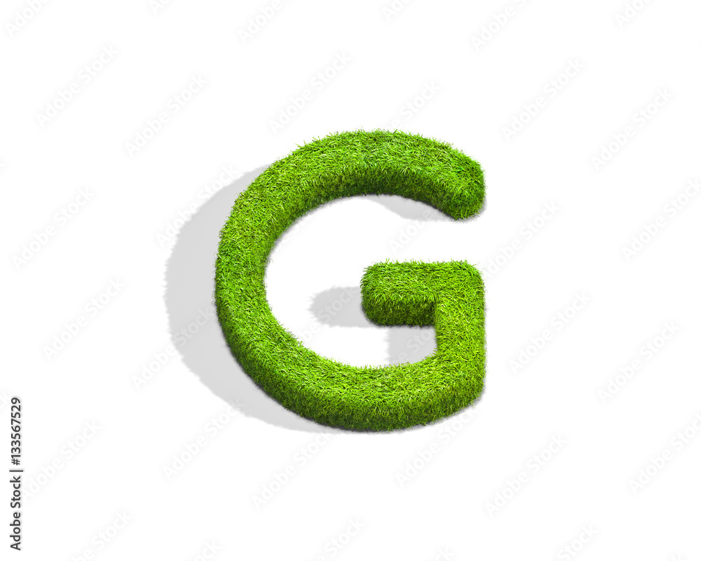 Grass letter G in uppercase format from top angle with shadow on ground. Grass letter G in uppercase format from top angle with shadow on ground.