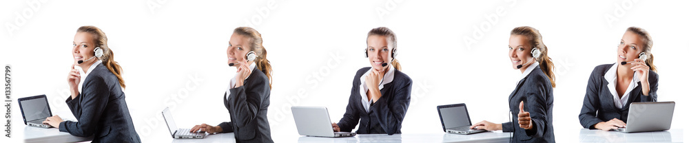 Call center assistant responding to calls Call center assistant responding to calls