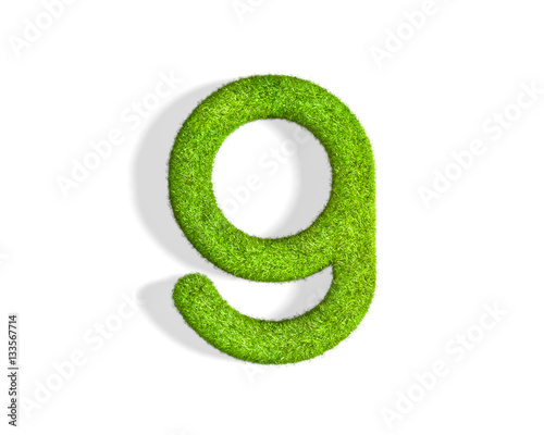 Grass letter G in lowercase format from top angle with shadow on ground.