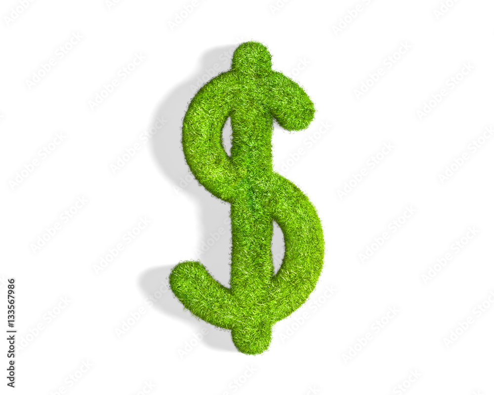 Obraz premium Grass dollar punctuation mark from top angle with shadow on ground.