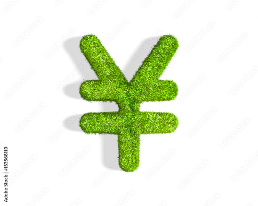 Obraz premium Grass yen punctuation mark from top angle with shadow on ground.