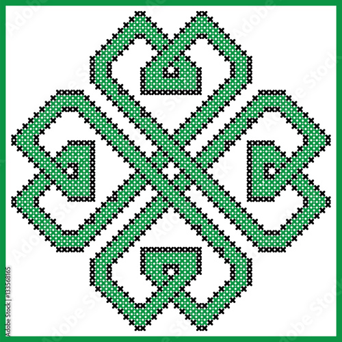 Celtic  endless knot in clover with hearts elements  shape in black and green cross stitch pattern on white and black background inspired by Irish St Patrick's day and ancient Scottish culture   © zozodesign