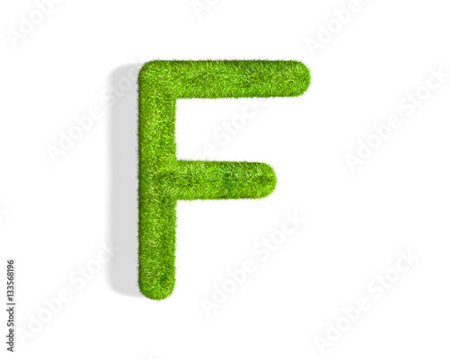 Grass letter F in uppercase format from top angle with shadow on ground.