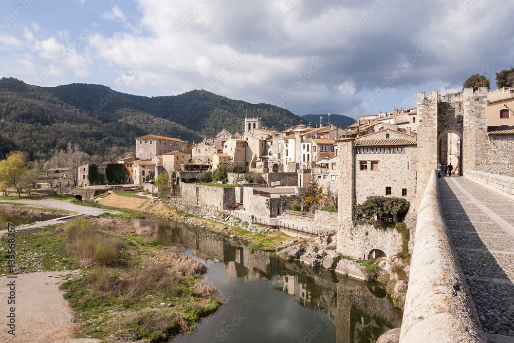Old historic stone bridge of the catalonian city of Besalu