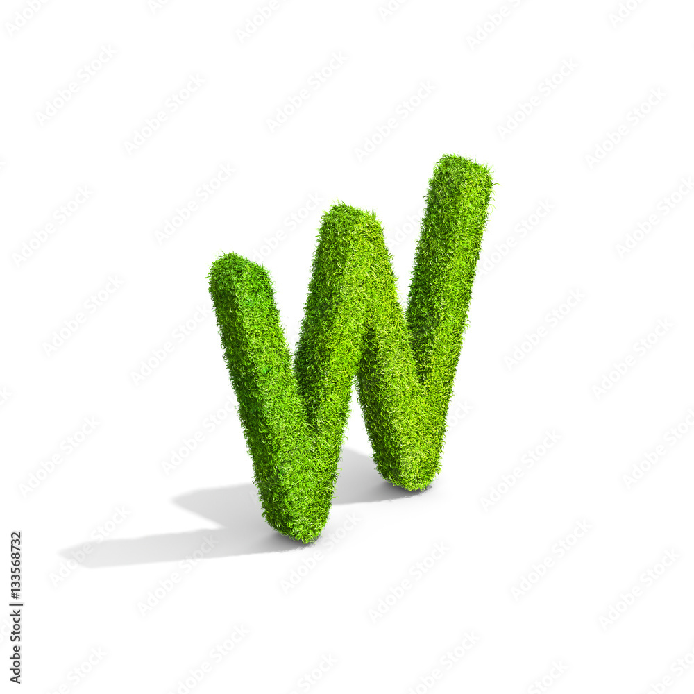 Grass letter W in uppercase format from isometric angle with shadow on ground. Grass letter W in uppercase format from isometric angle with shadow on ground.