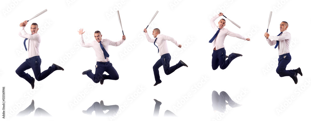 Fototapeta premium Jumping businessman with baseball bat