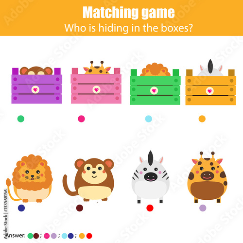 Matching children education game, kids activity. Match animals with box