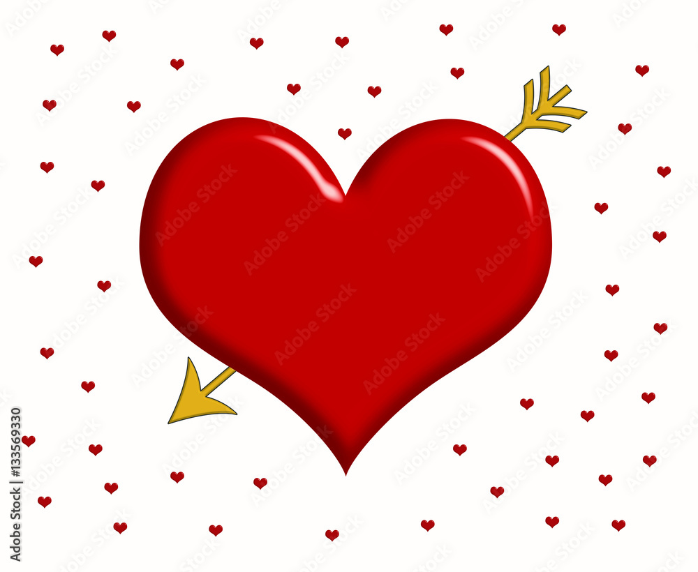 Big red heart with golden arrow and little red hearts around it 