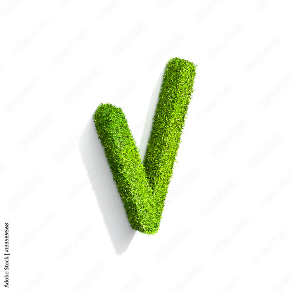 Grass letter V in uppercase format from isometric angle with shadow on ground.