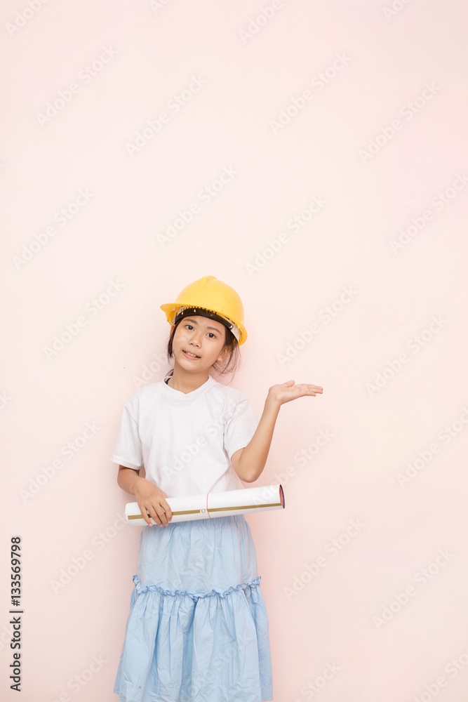 Smile little girl as architect engineer dream to future, smile a Smile little girl as architect engineer dream to future, smile a
