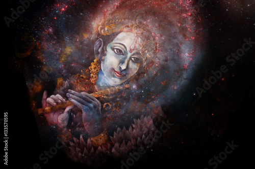 Lord Krishna playing his flute in space, colorful painting collage.