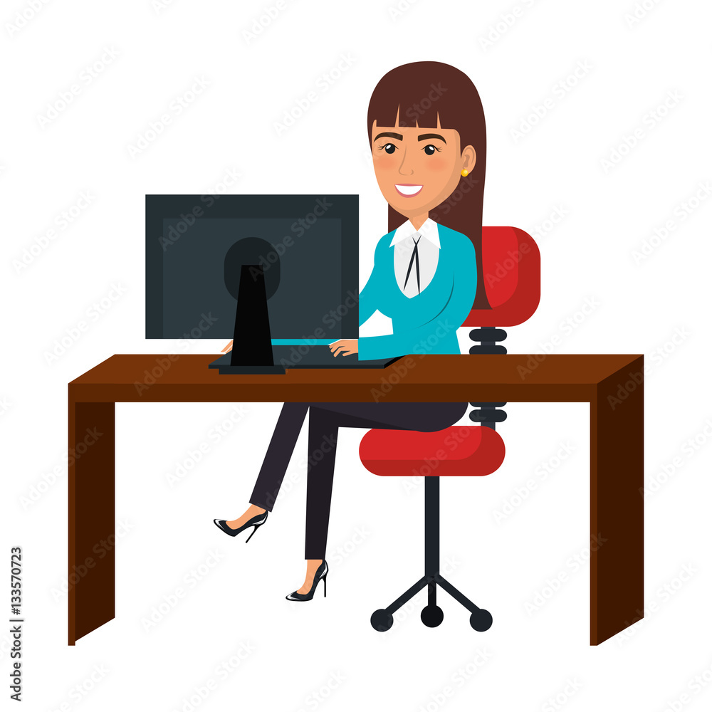 businesswoman working in computer vector illustration design businesswoman working in computer vector illustration design