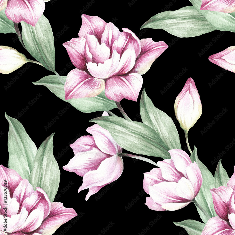 Seamless pattern with tulips. Hand draw watercolor illustration