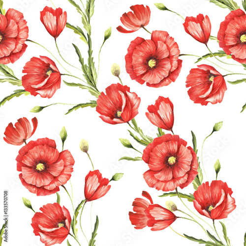 Delicate seamless pattern with poppies. Watercolor  illustration.