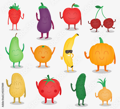 Cartoon fruits and vegetables. Funny food concept. Organic food. Vector