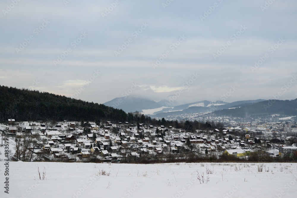 Roofs of houses covered by snow during winter. Slovakia Roofs of houses covered by snow during winter. Slovakia