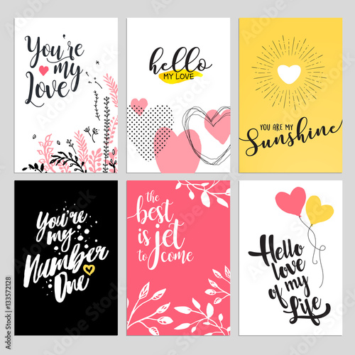 Set of Valentine day greeting cards. Flat design vector illustrations for love messages, social media banners and covers, website badges and banners, printed material.