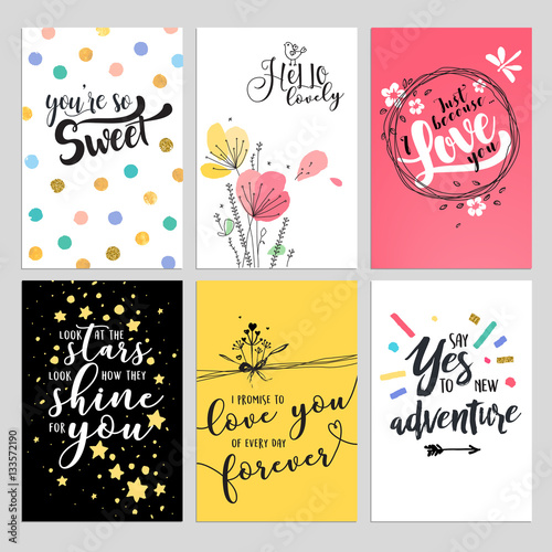 Set of Valentine day greeting cards. Flat design vector illustrations for love messages, social media banners and covers, website badges and banners, printed material.