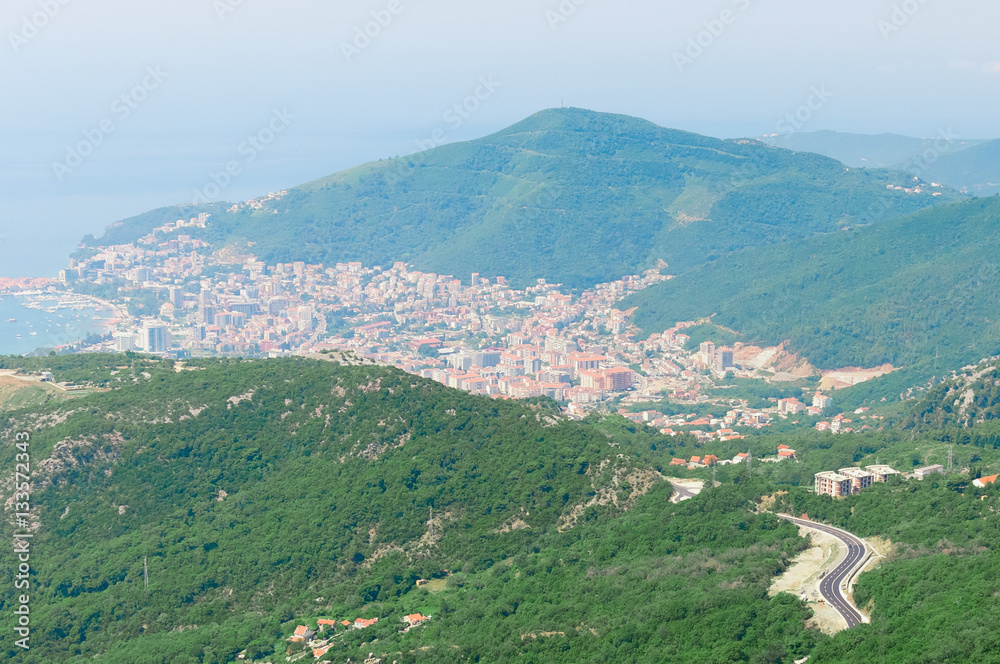 Top view to Budva, Montenegro, from mountain. Mediterranian sea
