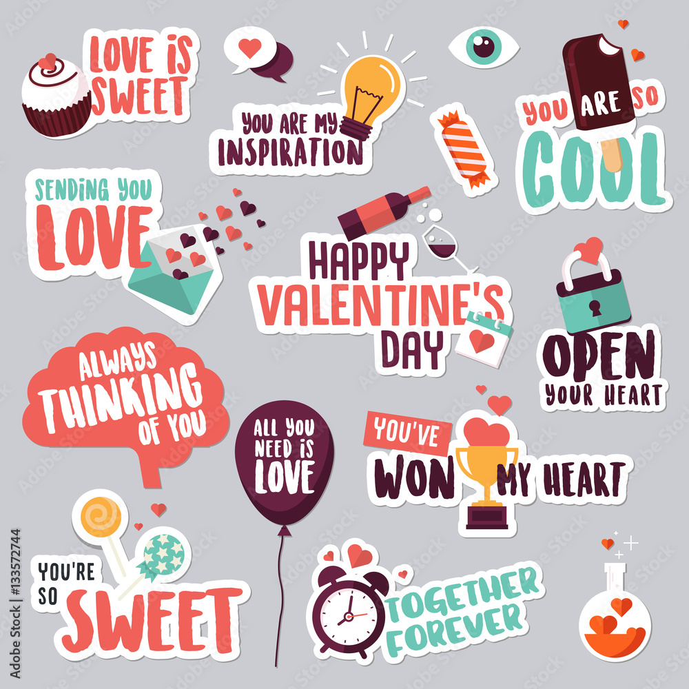 Set of love stickers for social network. Sweet and funny stickers for mobile messages, chat, social media, networking, web design. Stickers for Valentine day, wedding, love messages.