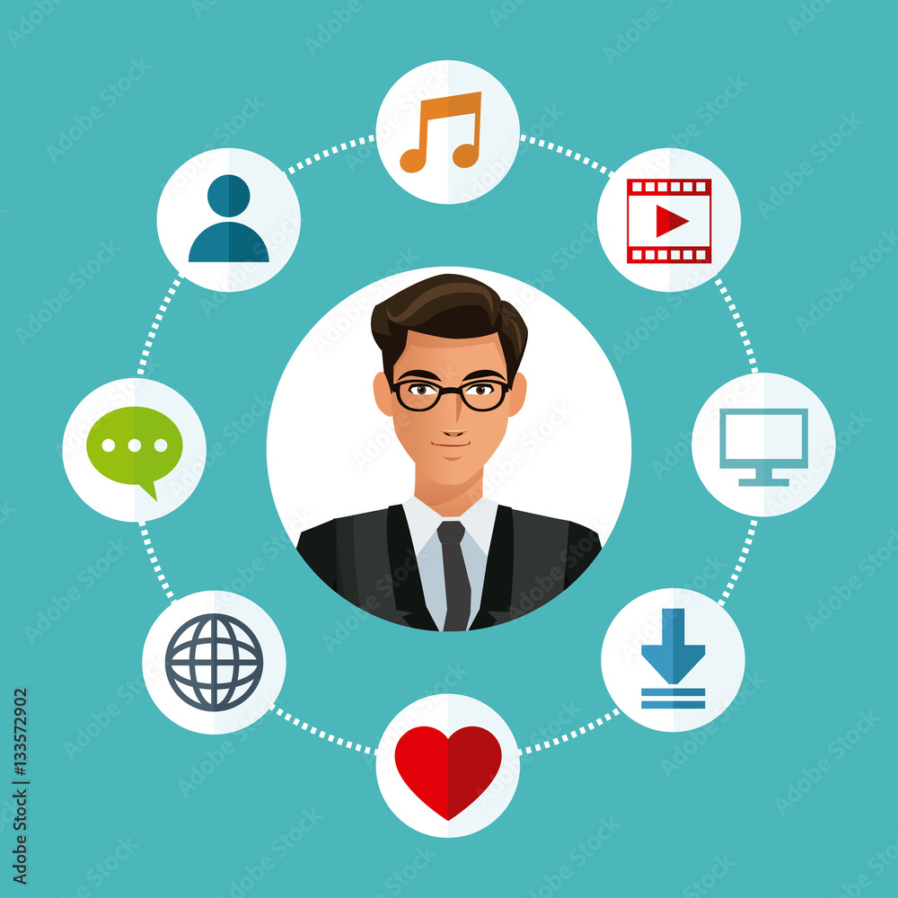 man glasses business with social media icons vector illustration eps 10