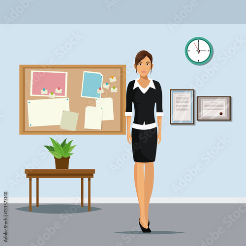 woman office stading table plant pot clock notice board vector illustration eps 10
