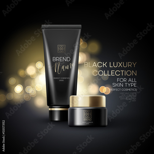 Design cosmetics product advertising on black background. Vector illustration