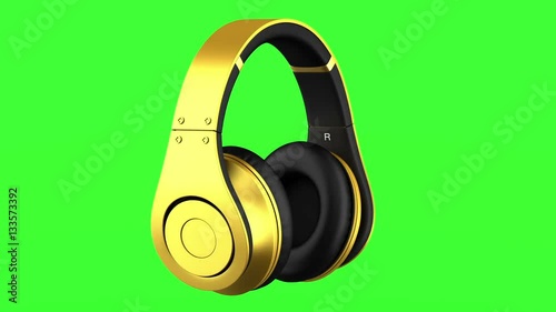 golden headphones loop rotate on green chromakey background