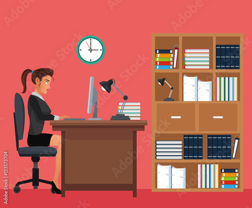 woman working office space desk bookshelf clock vector illustration eps 10