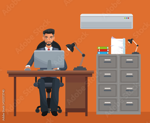 man sitting workplace cabinet file desk laptop vector illustration eps 10
