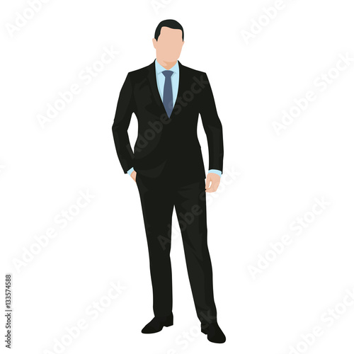Business man standing in dark suit with hand in his pocket, isol