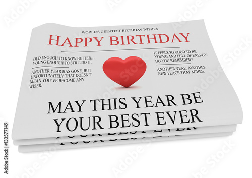 Pile of Happy Birthday Newspapers With Funny Wishes, 3d illustration on white background