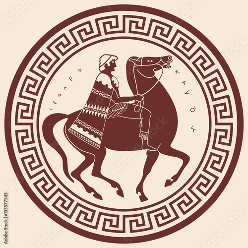 Greek style drawing. Soldier in uniform with a cape riding a horse.
