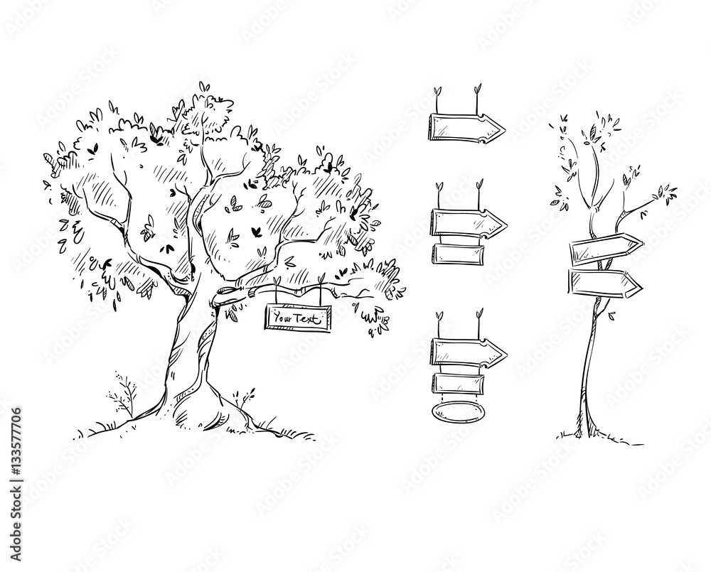Tree with sign, hand drawn signs, vector illustration