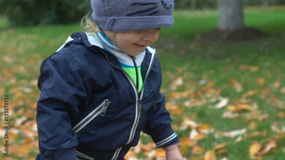 Slow motion: Boy in cat hat playing with leaves in the garden in autumn. Autumn walk and children's fun game outdoors Slow motion: Boy in cat hat playing with leaves in the garden in autumn. Autumn walk and children's fun game outdoors