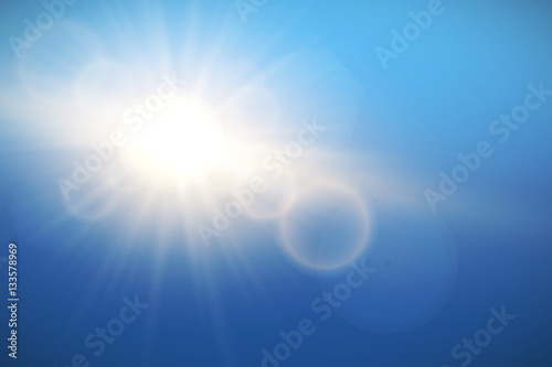 Sun with lens flare on blue sky, vector.
