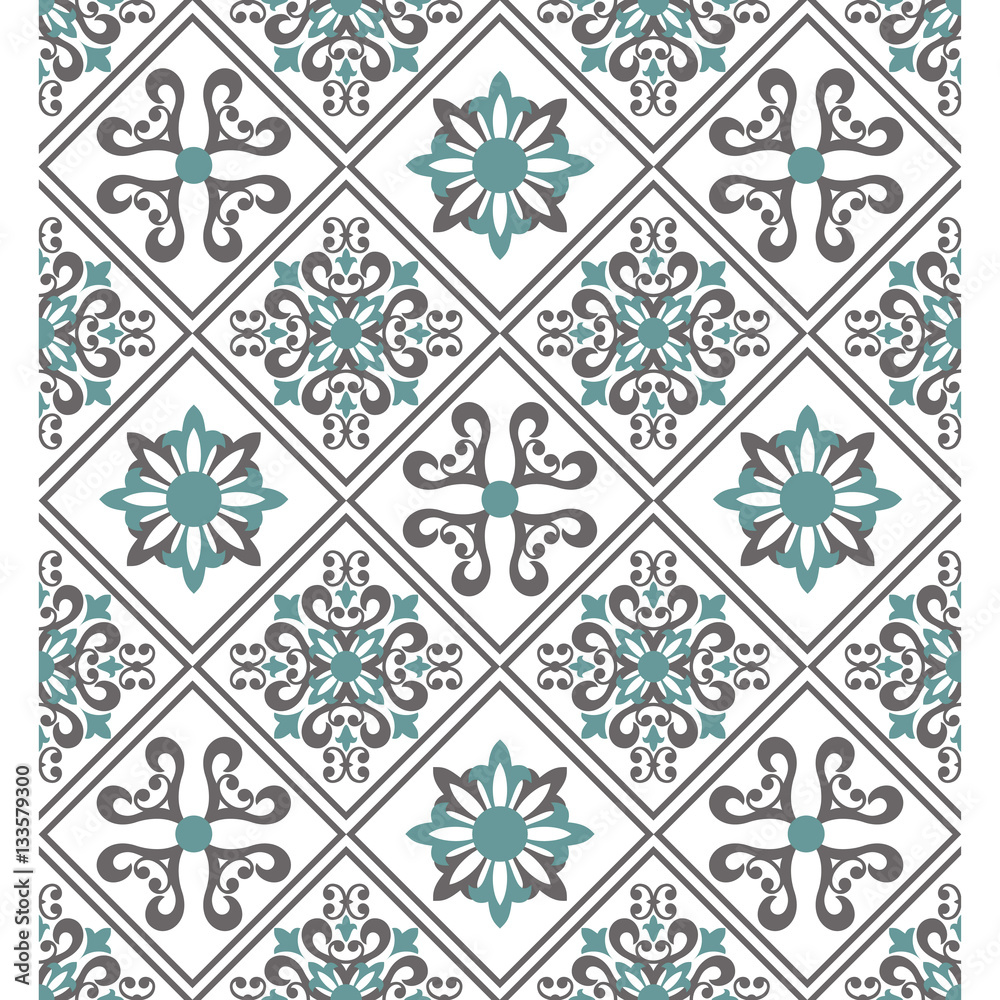 Seamless white background with beige and green pattern in baroque style.