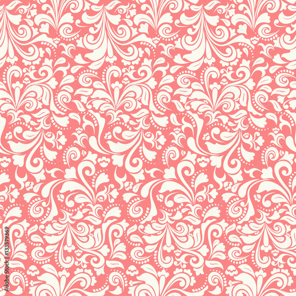 Seamless red background with light pattern in baroque style. Vector retro illustration. Ideal for printing on fabric or paper. Seamless red background with light pattern in baroque style. Vector retro illustration. Ideal for printing on fabric or paper.