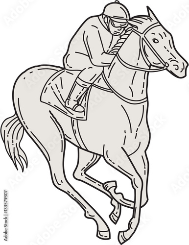 Jockey Riding Thoroughbred Horse Mono Line
