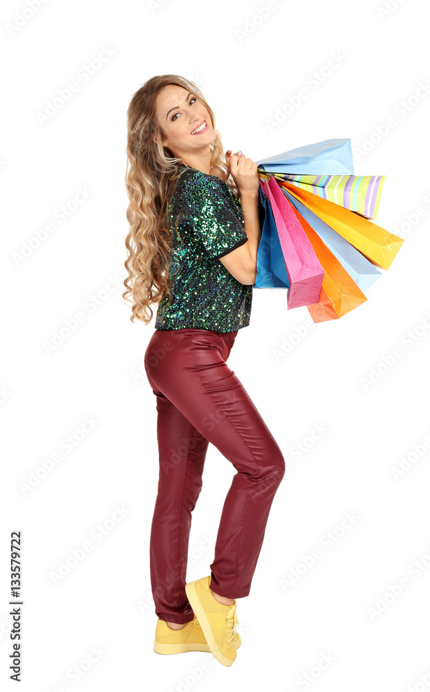 Woman with shopping bags on white background Woman with shopping bags on white background