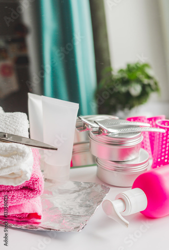 hairdresser working desk preparation for cutting hair
