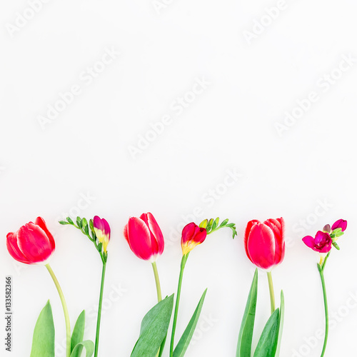 Flowers isolated on white background. Flat lay  Top view.