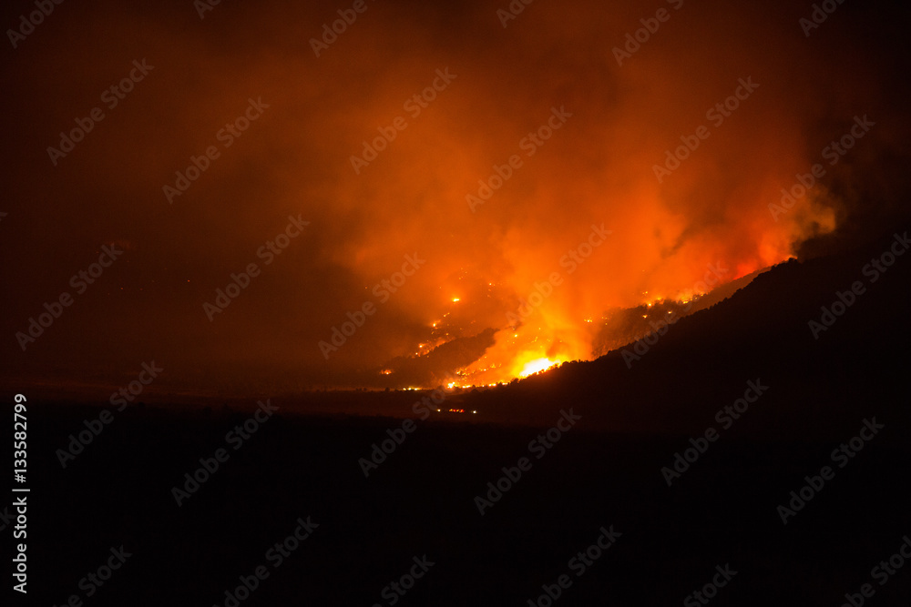 Wildfire burns near Bridgeport, California in the forests of the Sierra Nevada